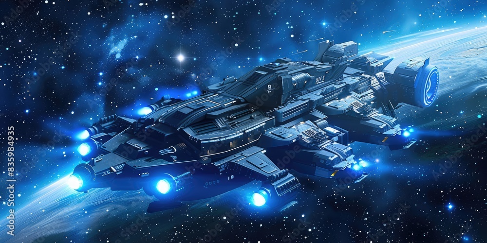 Naklejka premium Massive Spaceship Navigating Through Space
