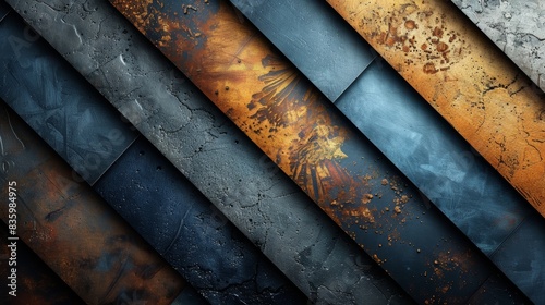 Diagonal Rustic Textured Background: Mixed Material Surfaces in Blue, Gray, Orange, and Rust for Industrial Design and Creative Projects.
