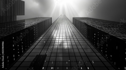 Dramatic black and white photo of a tall skyscraper with light beams breaking through the clouds, conveying awe and modernity.