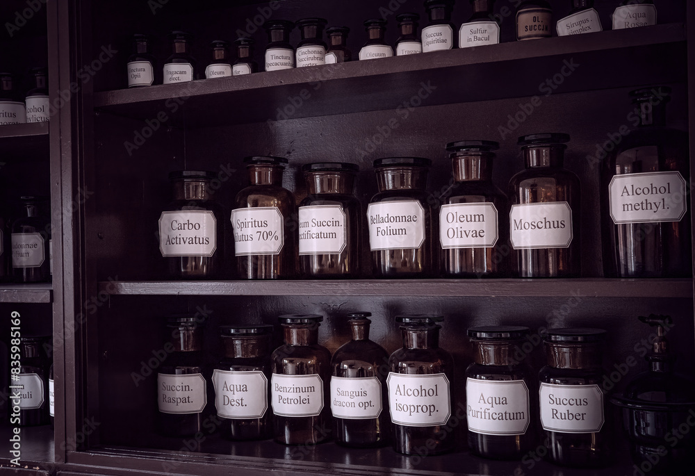 old medicine cabinet and bottles of medicines old medicine cabinet and bottles of medicines