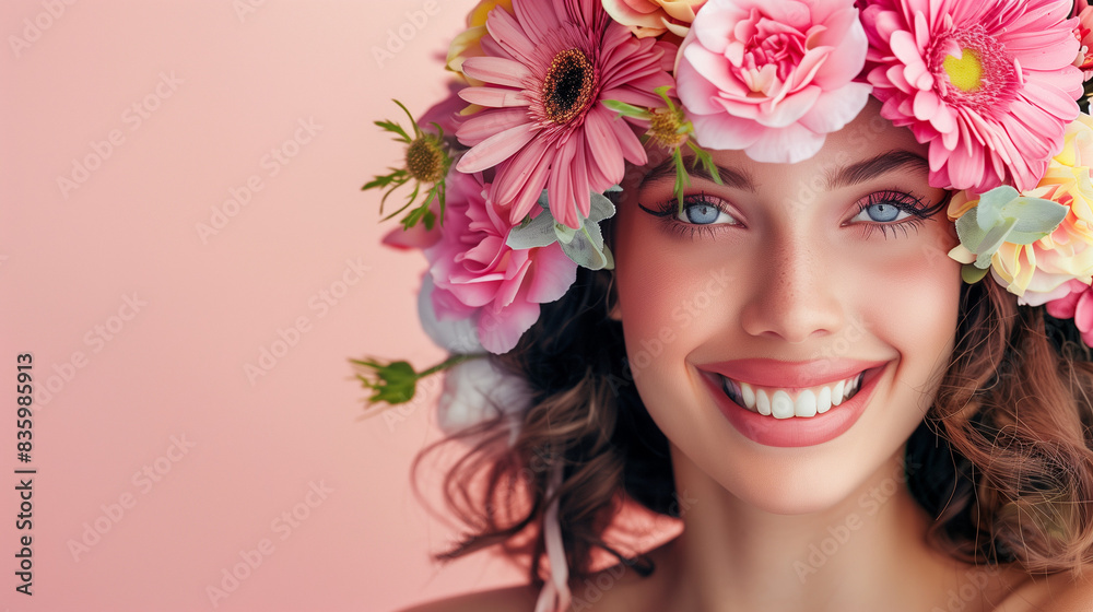 A woman gracefully holds a bouquet of vibrant flowers, her radiant smile complementing the beauty of nature's blooms. This image exudes elegance and joy, capturing the timeless connection between ... A woman gracefully holds a bouquet of vibrant flowers, her radiant smile complementing the beauty of nature's blooms. This image exudes elegance and joy, capturing the timeless connection between ...