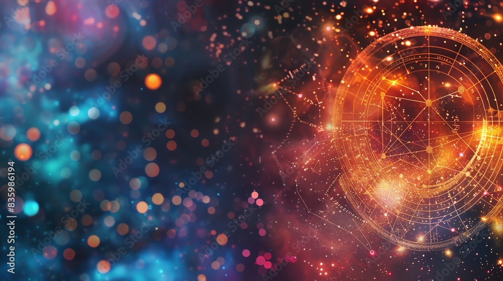 Astrology chart, celestial symbols, close up, vibrant colors, double exposure silhouette with star map Astrology chart, celestial symbols, close up, vibrant colors, double exposure silhouette with star map