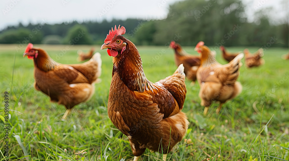 Fototapeta premium Chicken farm, chickens running and grazing on the grass