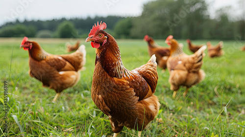 Chicken farm, chickens running and grazing on the grass