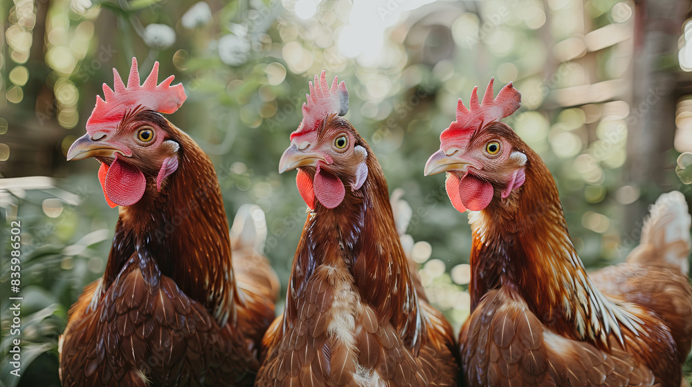 Fototapeta premium Chicken farm, chickens running and grazing on the grass