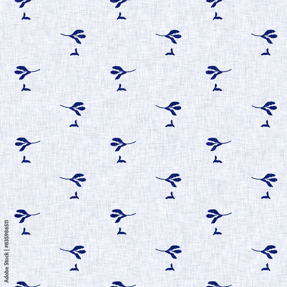 Fototapeta premium Indigo denim blue leaf motif seamless pattern. Japanese dye batik fabric style effect print background swatch. 