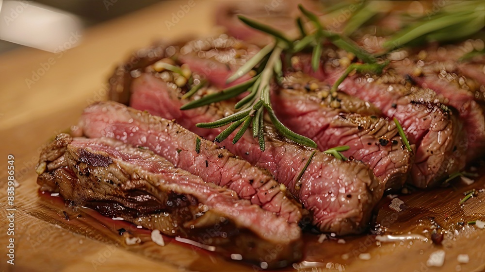Close-up of sliced steak with a crispy crust and juicy, rare inside, garnished with rosemary Close-up of sliced steak with a crispy crust and juicy, rare inside, garnished with rosemary