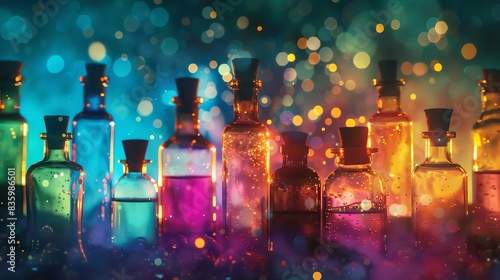 Potion bottles, glowing elixirs, focus on, vivid hues, double exposure silhouette with magical concoctions photo