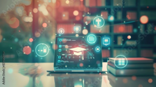 Digital icon of online education with icons and elements on a blurred background, including a laptop screen displaying an animated graduation cap symbol in the center