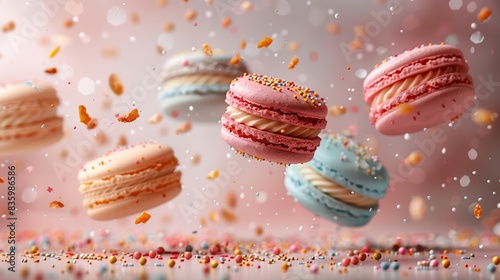 Colorful macarons in mid-air, surrounded by sprinkles. A vibrant and playful image perfect for food and celebration themes.