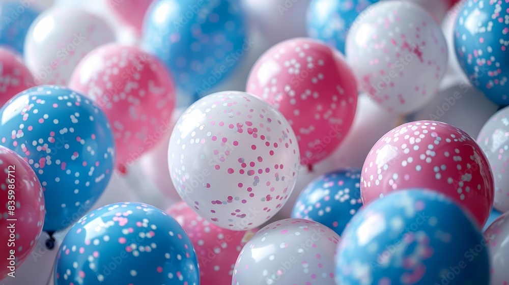 Close-up of colorful balloons with white polka dots, perfect for birthday or celebration backgrounds. Close-up of colorful balloons with white polka dots, perfect for birthday or celebration backgrounds.