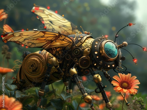 A robot bee with intricate gears and glowing eyes hovers above a field of orange flowers.