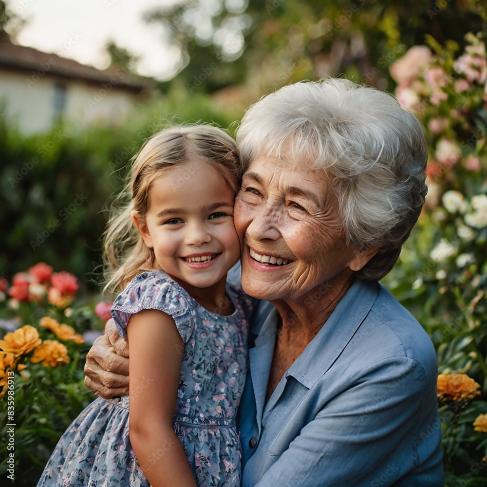 A cute little girl hugging grandma in garden A cute little girl hugging grandma in garden