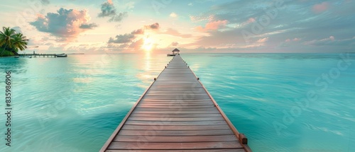 The photo shows a wooden dock extending out into a calm tropical sea.Bi Hai Lan Tian Du Mu Qiao © Sittipol 