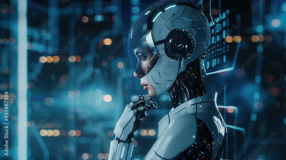 Female Cybernetic Robot Analyzing Big Data. Digital Mind Interface. Futuristic Network Concept Female Cybernetic Robot Analyzing Big Data. Digital Mind Interface. Futuristic Network Concept