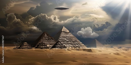 a image of a large pyramid with a flying saucer above it