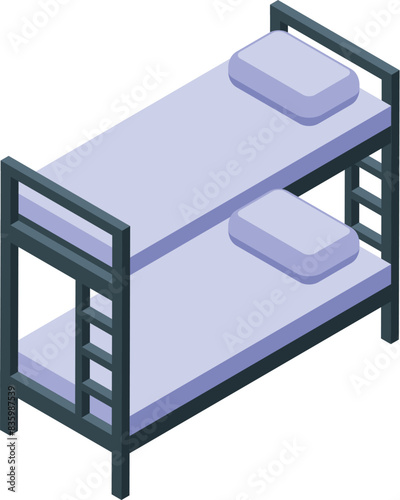 Isometric bunk bed illustration with modern furniture and cozy pillow for sleep design in interior home decor, spacesaving twin graphic vector room for kids bedding in 3d dormitory hostels