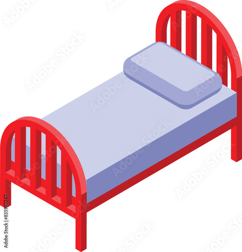 3d isometric illustration of a cozy single red bed with a pillow and blanket on a white background