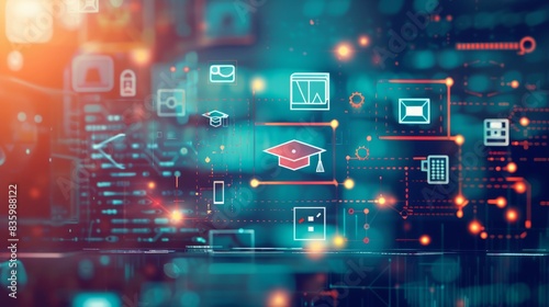 Digital illustration of an online education platform with icons representing educational elements like graduation caps, computer screens and data visualizations on a blurred background.  © Otseira
