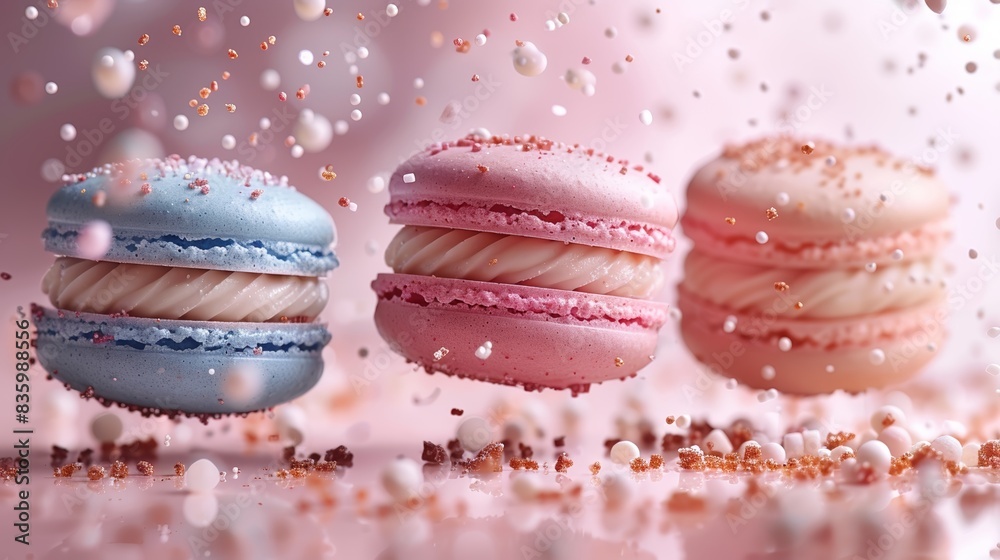 Three pastel macarons floating against a pink and white background with sprinkles. Three pastel macarons floating against a pink and white background with sprinkles.
