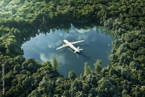 Wallpaper Mural Airplaneshaped lake amidst untouched nature, symbolizing the ecology of air transport, travel, and ecotourism, 3D rendering Torontodigital.ca