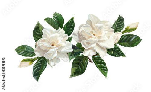 Beautiful white gardenia flowers with green leaves on a transparent background, perfect for floral designs and nature-themed projects.
