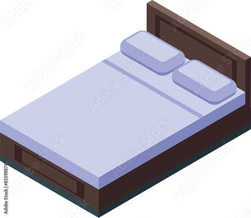 Digital isometric illustration of a wooden bed with white bedding and two pillows