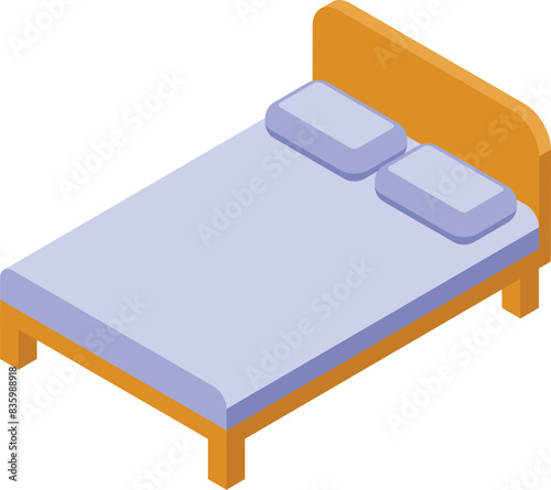 Modern isometric double bed illustration with colorful vector graphic for interior design. Featuring a minimalist and stylish bedroom with purple and yellow bedding. Wooden bedframe. Pillows