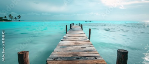 The photo shows the view of the tropical beach from the wooden pier. 