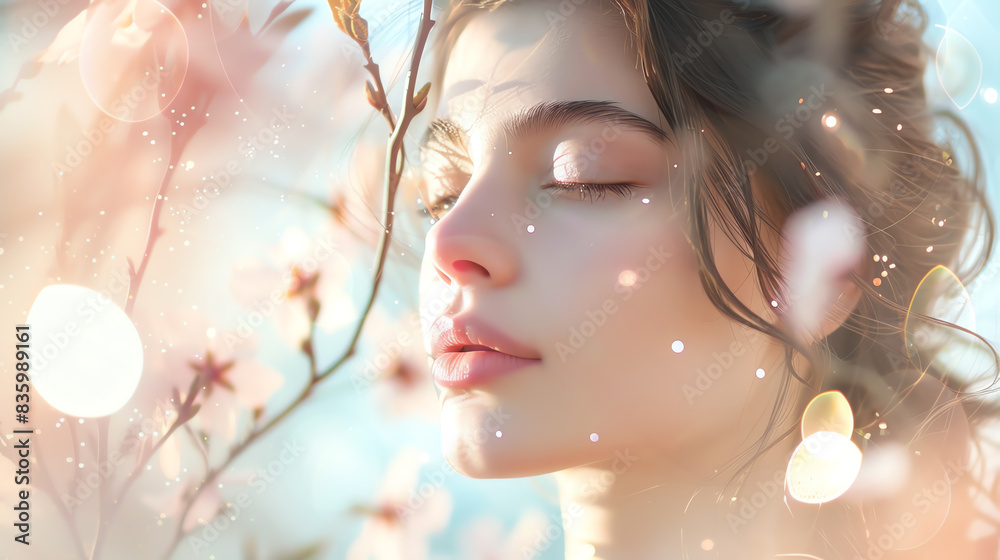Portrait with a dreamy overlay of delicate floral elements and light bokeh.