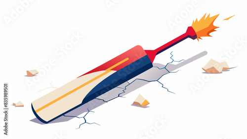 A cricket bat snapped in half, lying on a cracked white surface.
