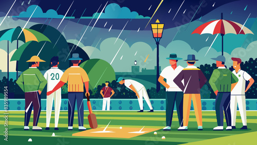 A cricket match abandoned due to rain, with players huddled under a white umbrella.
