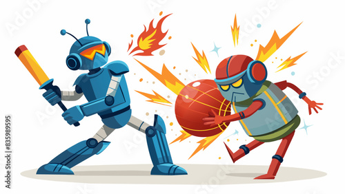 A cricket match played by robots, with sparks flying as they collide on a white background.
