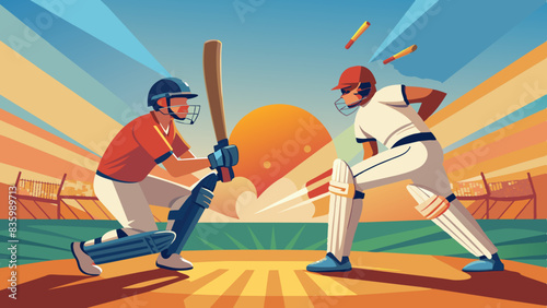 The sunlight glints off the batsman's helmet as they square up to the bowler, the tension palpable.