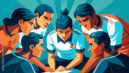 The fielders huddle together, strategizing their next move, their faces etched with determination.