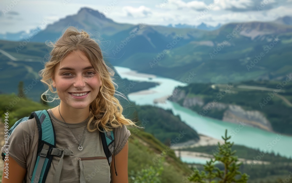 A young woman smiles at the camera with a breathtaking mountain and river view behind her. She's on a hiking adventure. A young woman smiles at the camera with a breathtaking mountain and river view behind her. She's on a hiking adventure.