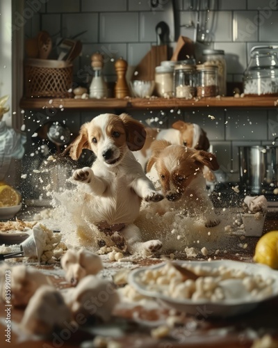 Two playful puppies create a mess in the kitchen, surrounded by scattered food and debris.