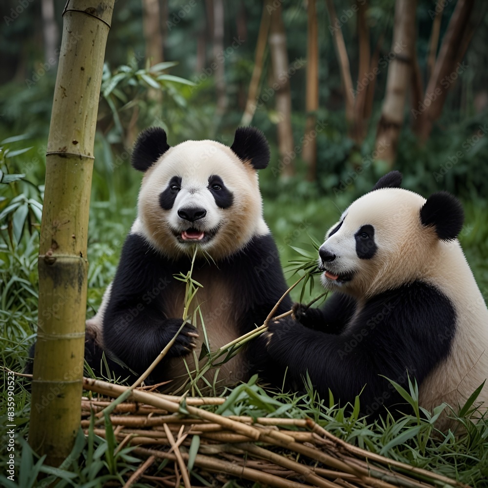 Fototapeta premium Pandas eating bamboo trees