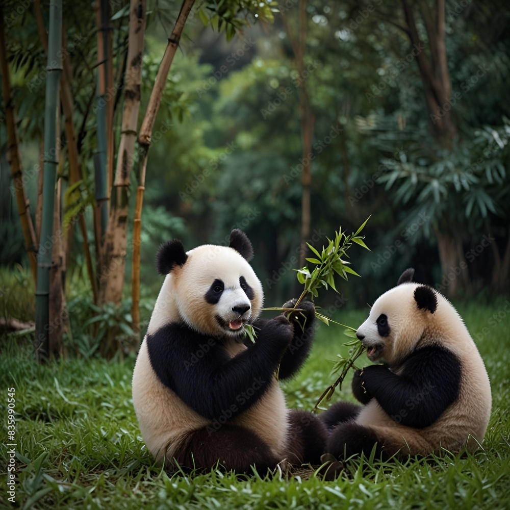 Fototapeta premium Pandas eating bamboo trees