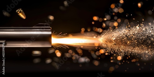 A close-up image of a gun barrel firing, with a bright muzzle flash and a stream of bullets exiting the barrel photo