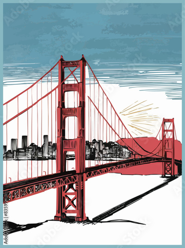 The iconic Golden Gate Bridge is depicted in a vibrant red contrasting with the black and white lines of the cityscape 