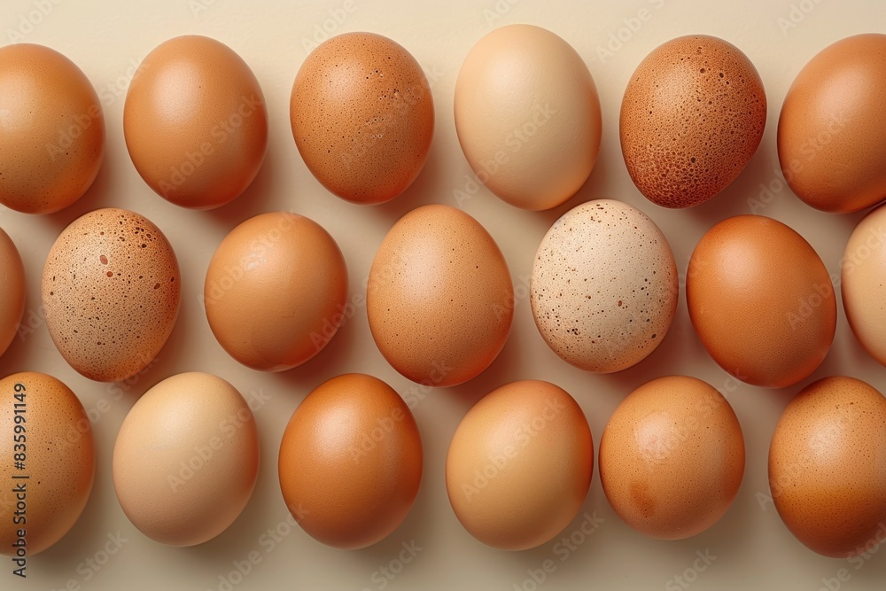 A top-down view of brown and white eggs neatly arranged on a beige surface