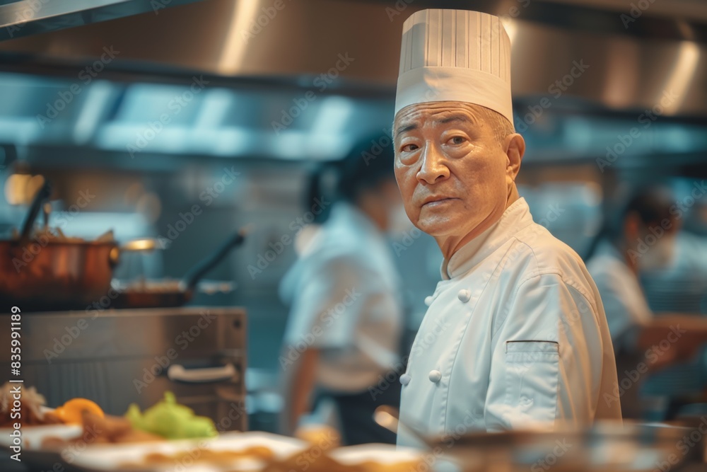 A seasoned chef wearing a white uniform and a white toque stands in a bustling restaurant kitchen, surveying the scene A seasoned chef wearing a white uniform and a white toque stands in a bustling restaurant kitchen, surveying the scene