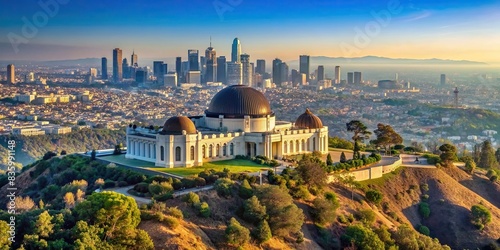 Griffith Observatory in Los Angeles, park overlooking cityscape with clear skies, Griffith Observatory, Los Angeles, park, cityscape, astronomy, telescope, architecture, landmark, California photo