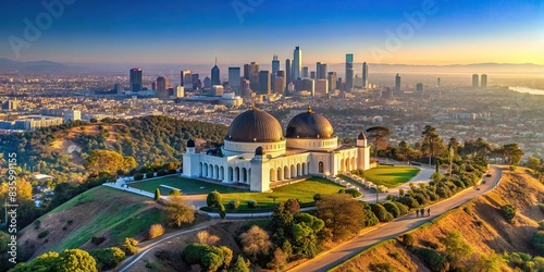 Griffith Observatory in Los Angeles, park overlooking cityscape with clear skies, Griffith Observatory, Los Angeles, park, cityscape, astronomy, telescope, architecture, landmark, California photo