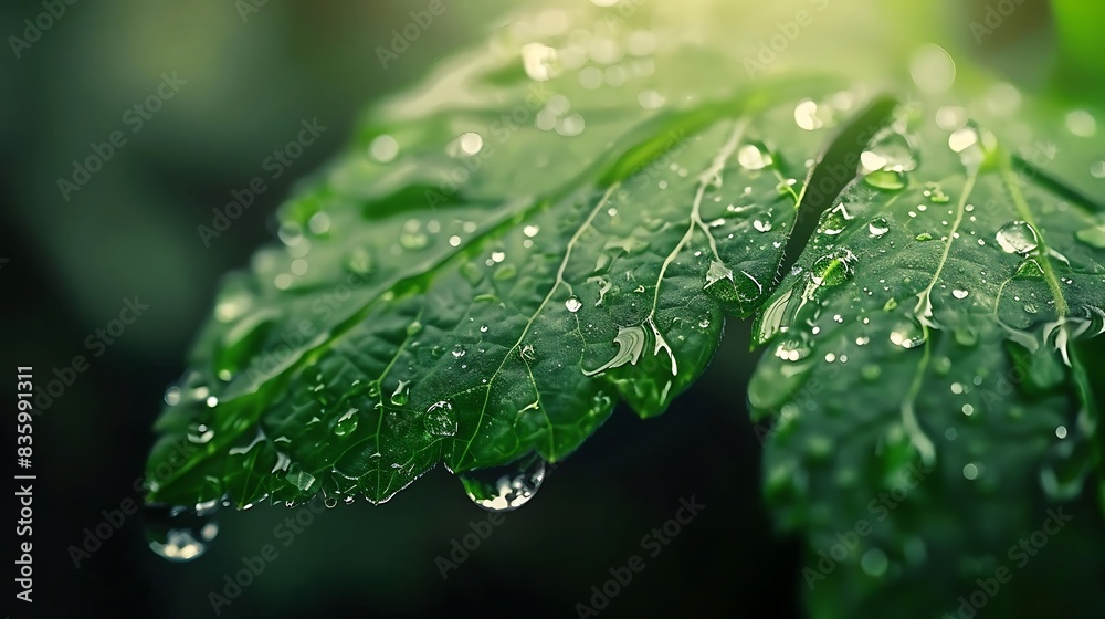 Close-up of water droplets gently dripping from a green leaf tip. Close-up of water droplets gently dripping from a green leaf tip.