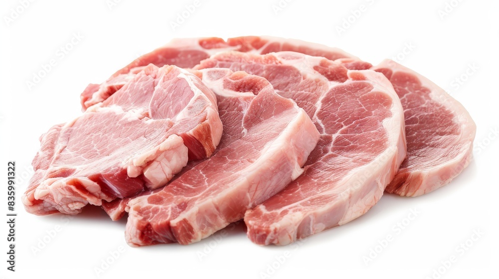 A close-up image of five raw pork chops arranged on a white surface. The chops are ready for cooking and have a fresh