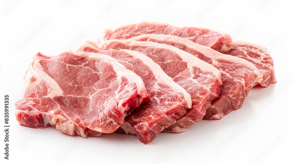 A close-up image of five raw lamb chops arranged neatly on a white background A close-up image of five raw lamb chops arranged neatly on a white background
