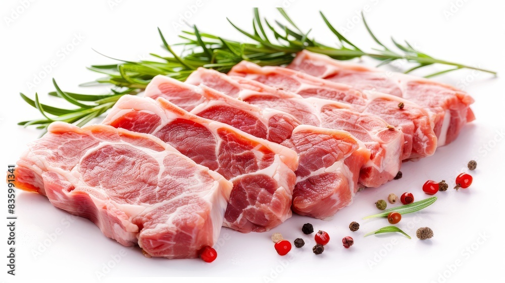 Close-up of raw lamb chops arranged on a white surface with rosemary sprigs and peppercorns