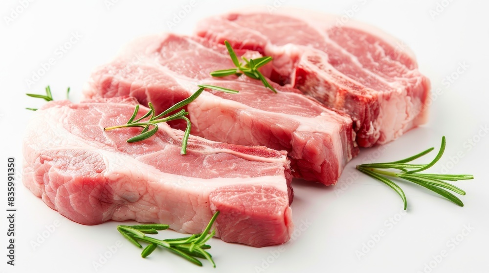 Close-up of three raw lamb chops with sprigs of rosemary on a white background Close-up of three raw lamb chops with sprigs of rosemary on a white background
